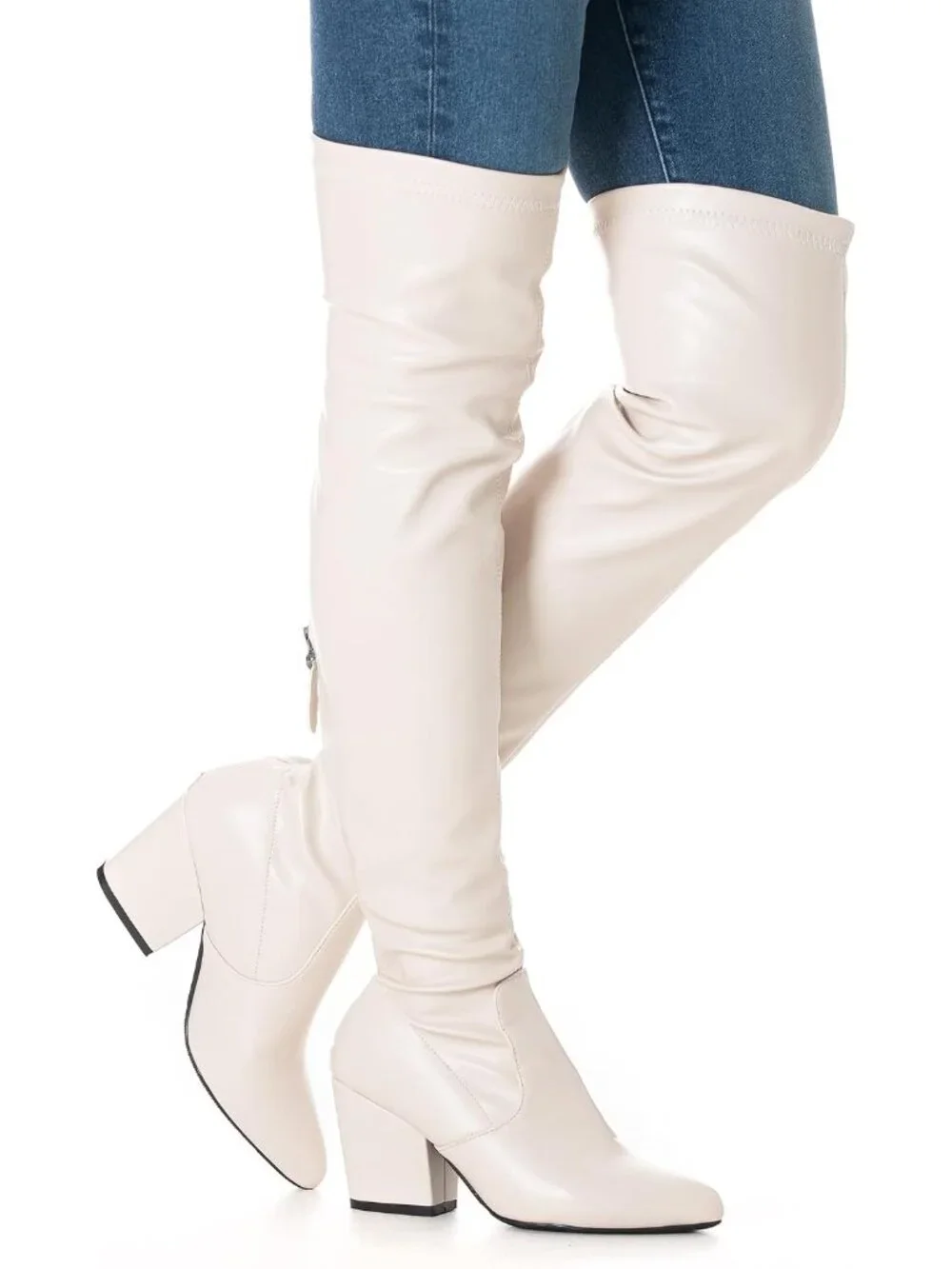 Women's Pu Cream 3 Inch Pointed Toe Chunky Block Heel Over The Knee High Boots